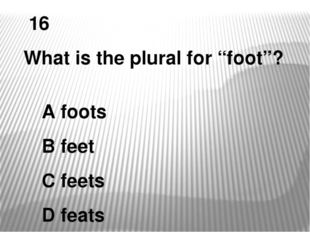 16 What is the plural for “foot”? A foots B feet C feets D feats 