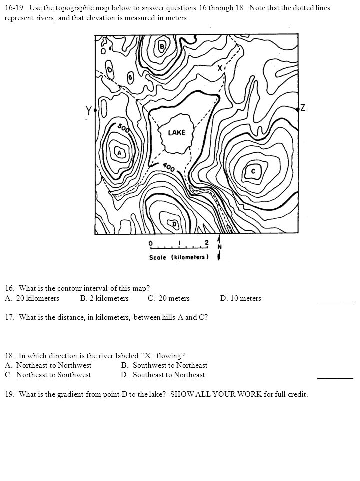 Use the topographic map below to answer questions 16 through 18