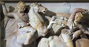 Alexander the Great in battle on his horse, Bucephalas